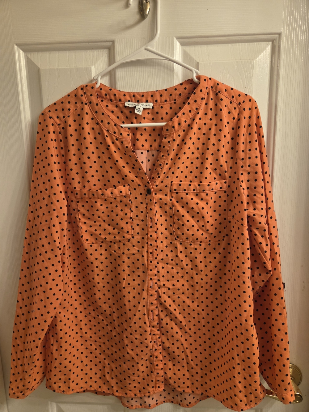 Notations Orange Long-Sleeve Button-Up with Black Polka Dots